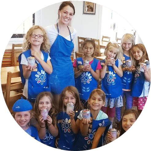 paint your own pottery franchise kids pose with art projects